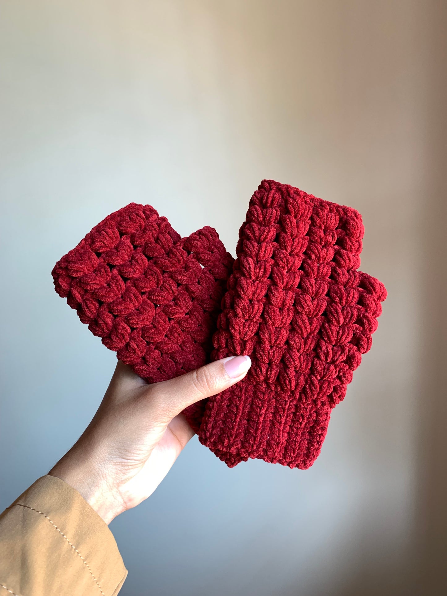 Mikasa Scarf In Deep Maroon Plush Yarn with Puff Heart Arm Warmers