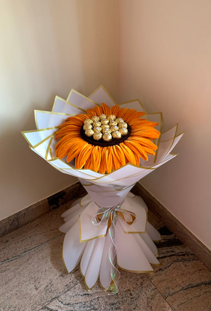 Sweet Sun Bloom | Giant Pipe Cleaner Sunflower With Ferrero Rocher Bouquet (Same white simple wrapping shown in the image )