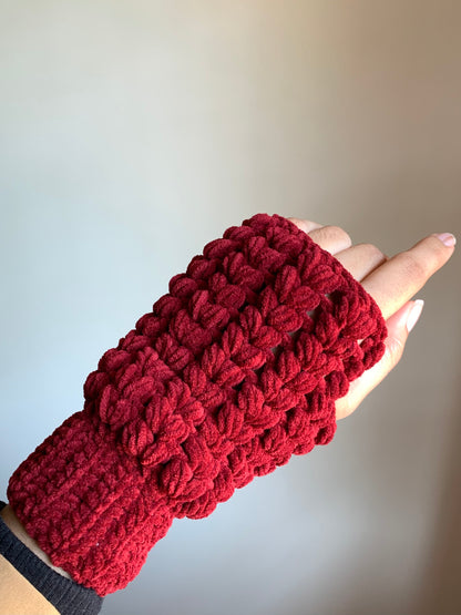 Mikasa Scarf In Deep Maroon Plush Yarn with Puff Heart Arm Warmers