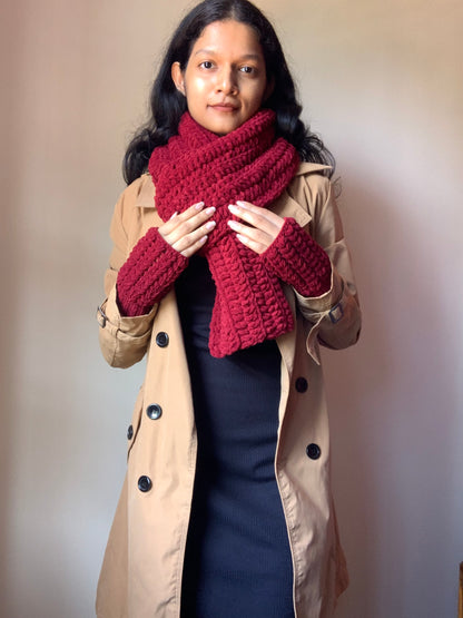 Mikasa Scarf In Deep Maroon Plush Yarn with Puff Heart Arm Warmers