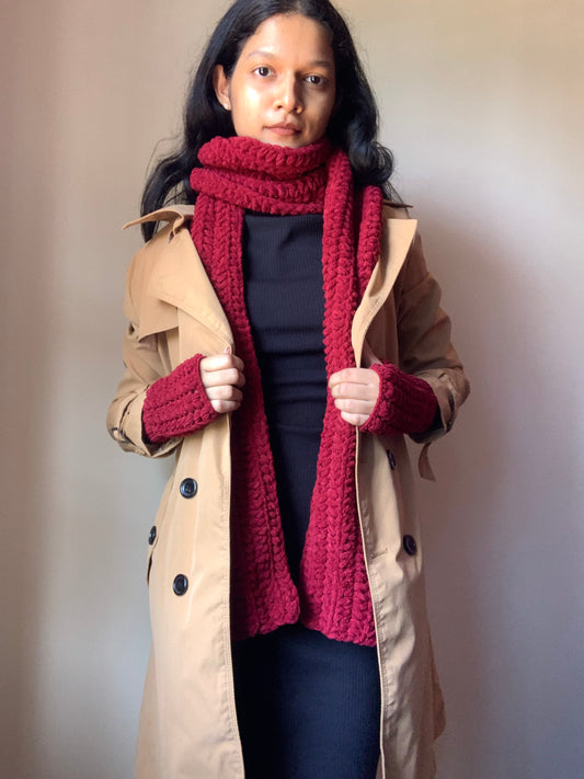 Mikasa Scarf In Deep Maroon Plush Yarn with Puff Heart Arm Warmers