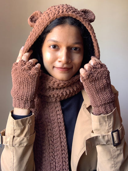Bear Scarf in Mocha Plush Yarn with Paw Arm Warmers