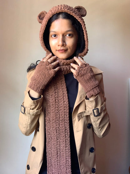 Bear Scarf in Mocha Plush Yarn with Paw Arm Warmers