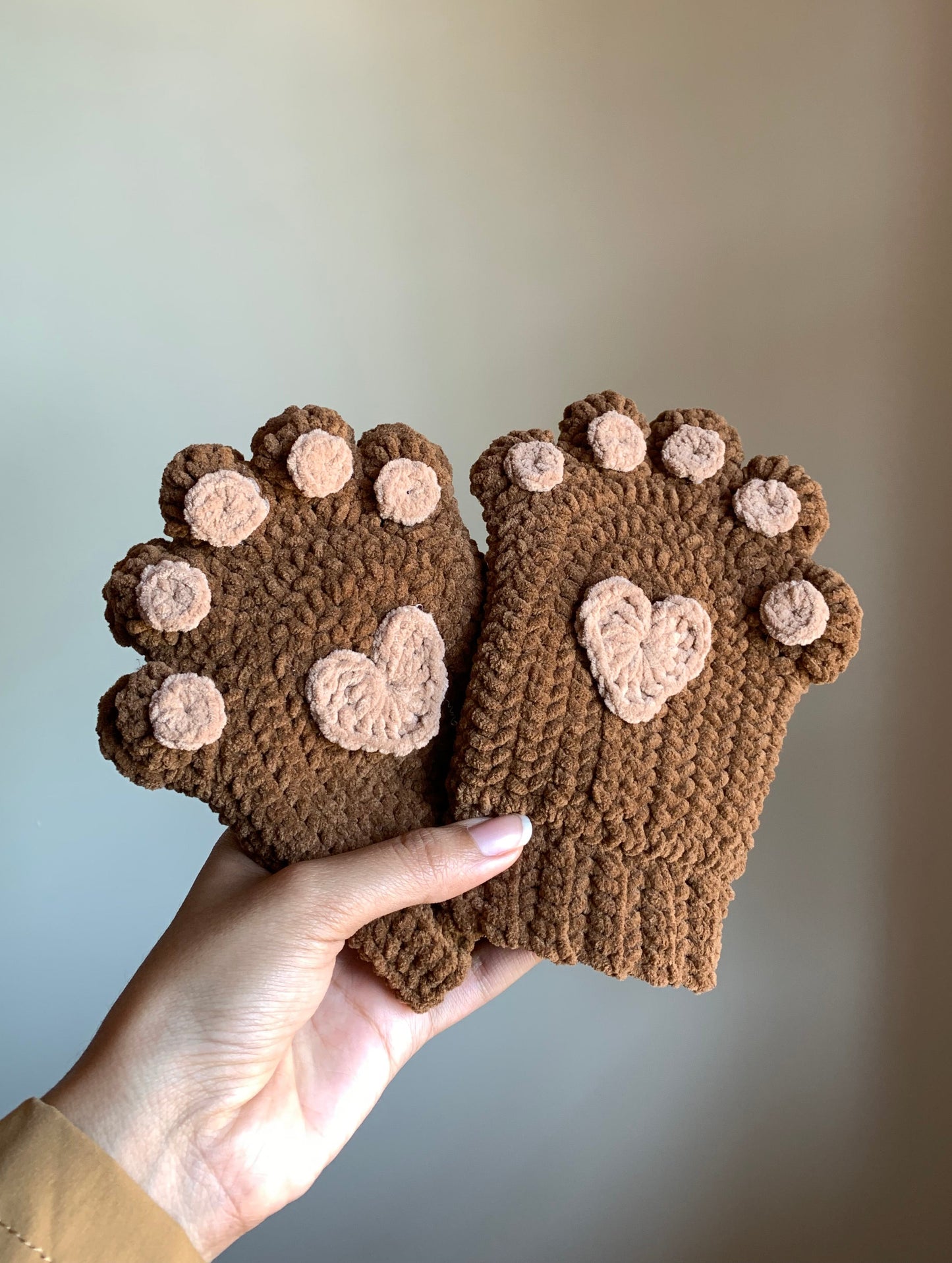 Bear Scarf in Mocha Plush Yarn with Paw Arm Warmers